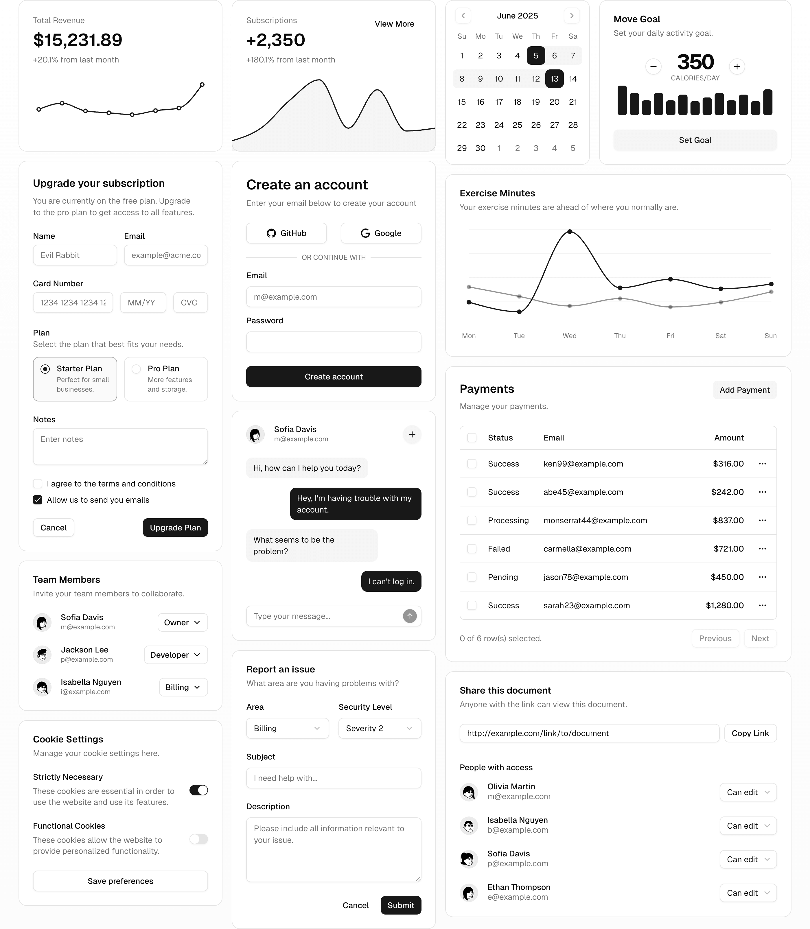 Collection of shadcn/ui card examples including a create-account form, team member list, cookie settings, and chat message card